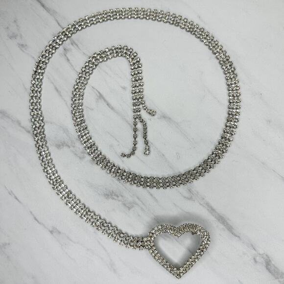 Rhinestone Heart Glam Silver Chain Link Belt Y2K Style ✨ - Picture 1 of 13